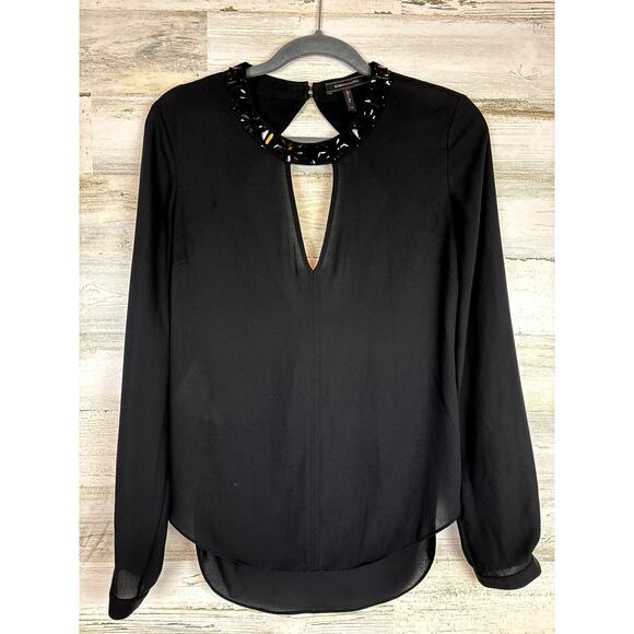 BCBGMaxAzria Women’s XS Black Frances Jewelneck Long Sleeve Blouse - Picture 2 of 5